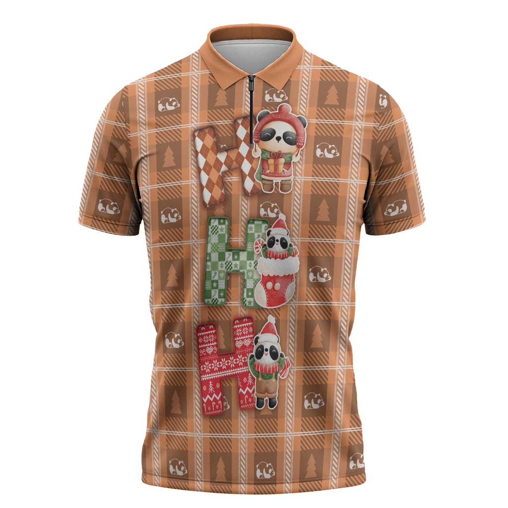 Panda Christmas Zipper Polo Shirt Ho Ho Ho Caramel Pattern - Wonder Print Shop