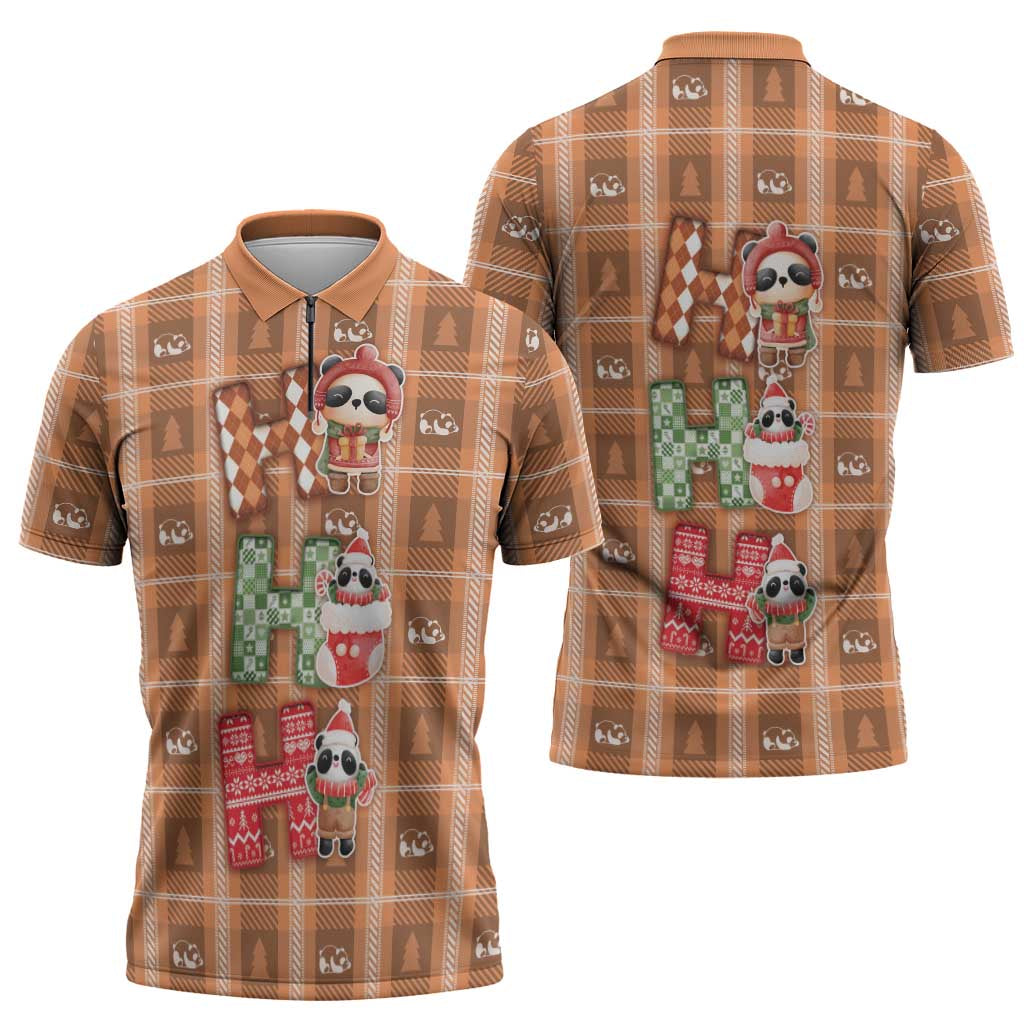 Panda Christmas Zipper Polo Shirt Ho Ho Ho Caramel Pattern - Wonder Print Shop