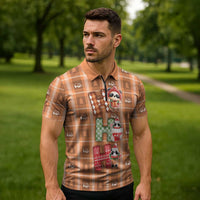 Panda Christmas Zipper Polo Shirt Ho Ho Ho Caramel Pattern - Wonder Print Shop