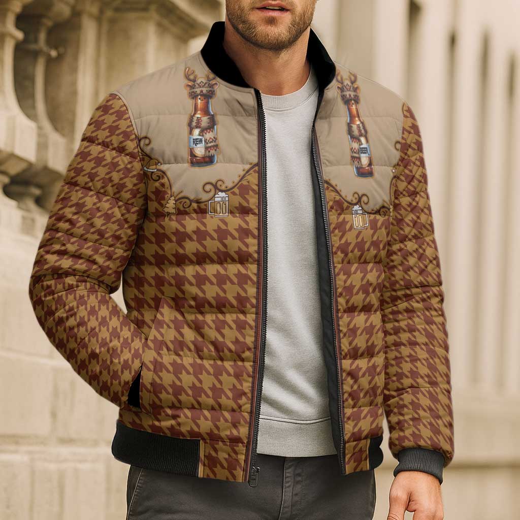 Western Yoke Bomber Puffer Jacket Rein Beer Christmas Houndstooth Patterns - Wonder Print Shop