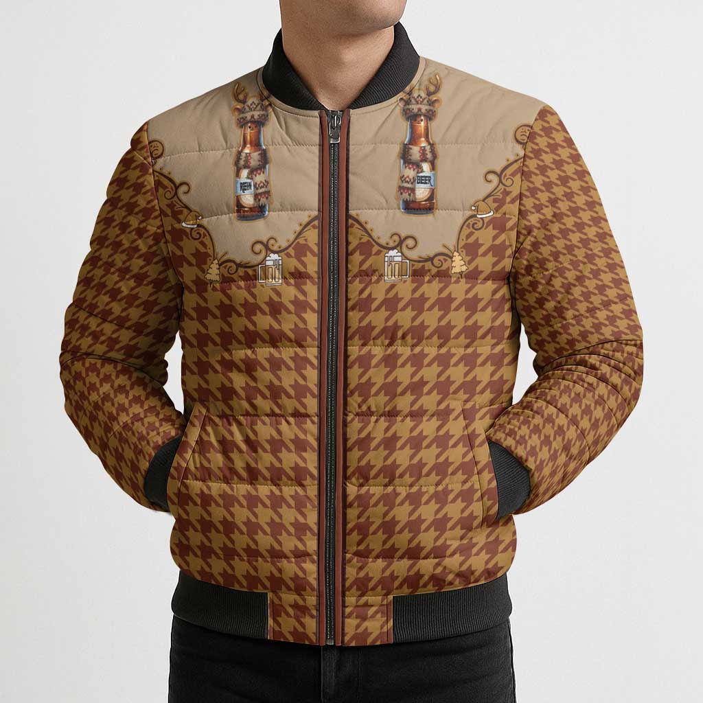Western Yoke Bomber Puffer Jacket Rein Beer Christmas Houndstooth Patterns - Wonder Print Shop