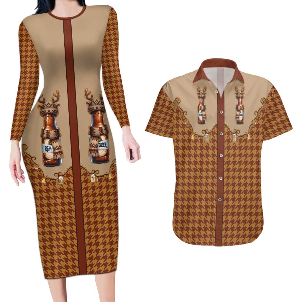 Western Yoke Couples Matching Long Sleeve Bodycon Dress and Hawaiian Shirt Rein Beer Christmas Houndstooth Patterns - Wonder Print Shop