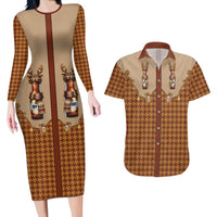Western Yoke Couples Matching Long Sleeve Bodycon Dress and Hawaiian Shirt Rein Beer Christmas Houndstooth Patterns - Wonder Print Shop