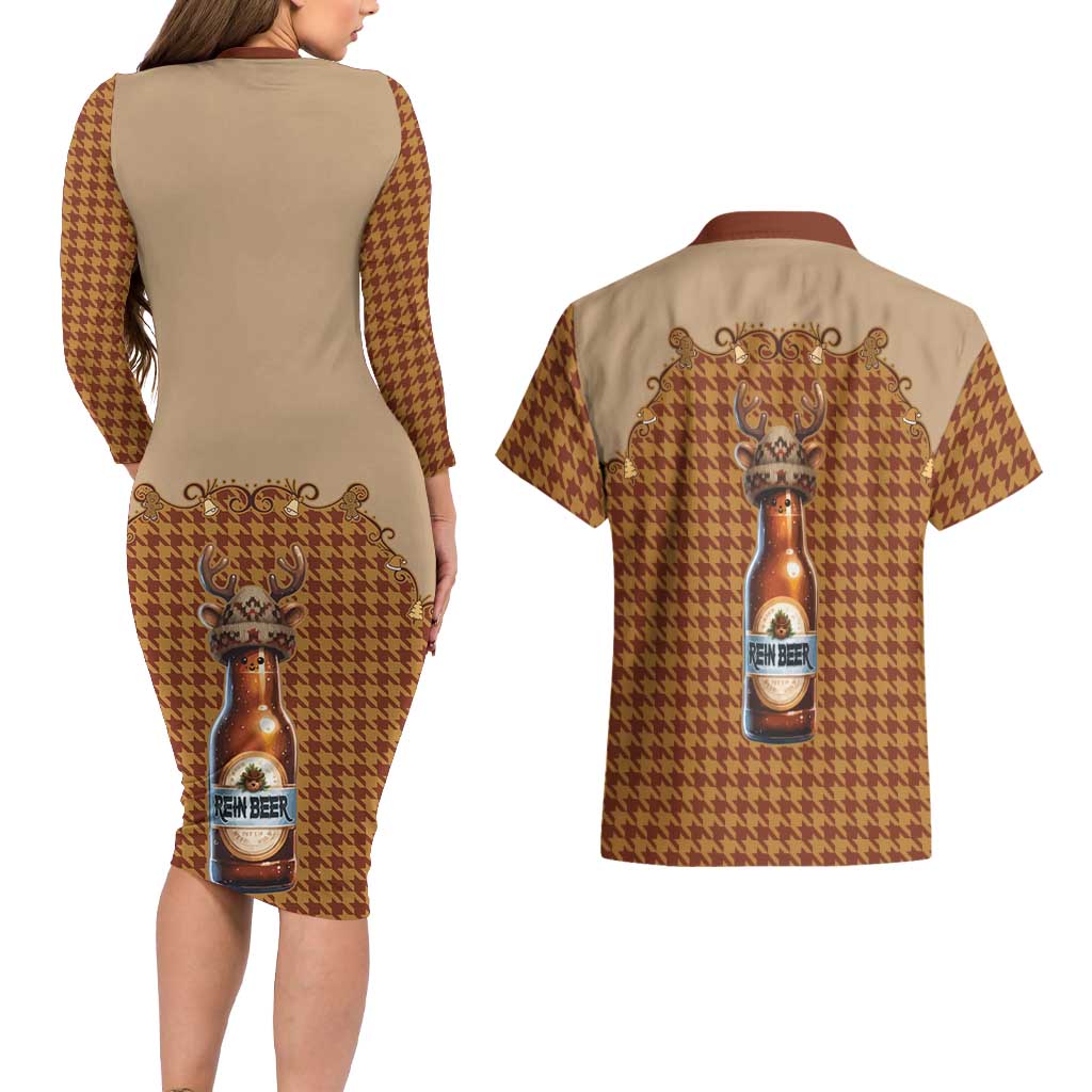 Western Yoke Couples Matching Long Sleeve Bodycon Dress and Hawaiian Shirt Rein Beer Christmas Houndstooth Patterns - Wonder Print Shop