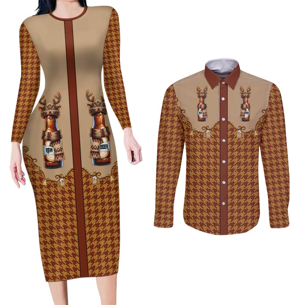Western Yoke Couples Matching Long Sleeve Bodycon Dress and Long Sleeve Button Shirt Rein Beer Christmas Houndstooth Patterns - Wonder Print Shop