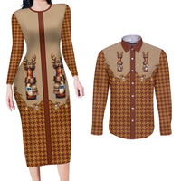 Western Yoke Couples Matching Long Sleeve Bodycon Dress and Long Sleeve Button Shirt Rein Beer Christmas Houndstooth Patterns - Wonder Print Shop