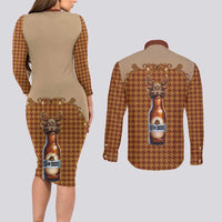 Western Yoke Couples Matching Long Sleeve Bodycon Dress and Long Sleeve Button Shirt Rein Beer Christmas Houndstooth Patterns - Wonder Print Shop