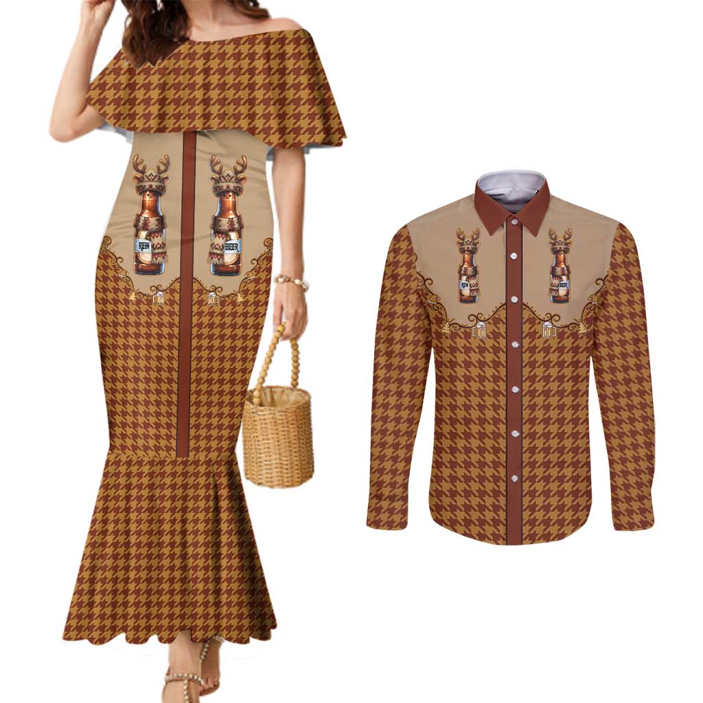 Western Yoke Couples Matching Mermaid Dress and Long Sleeve Button Shirt Rein Beer Christmas Houndstooth Patterns - Wonder Print Shop