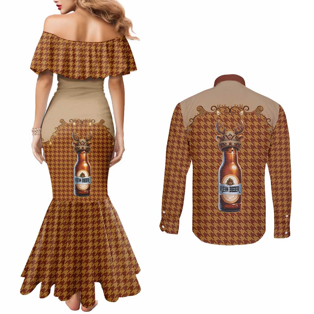 Western Yoke Couples Matching Mermaid Dress and Long Sleeve Button Shirt Rein Beer Christmas Houndstooth Patterns - Wonder Print Shop