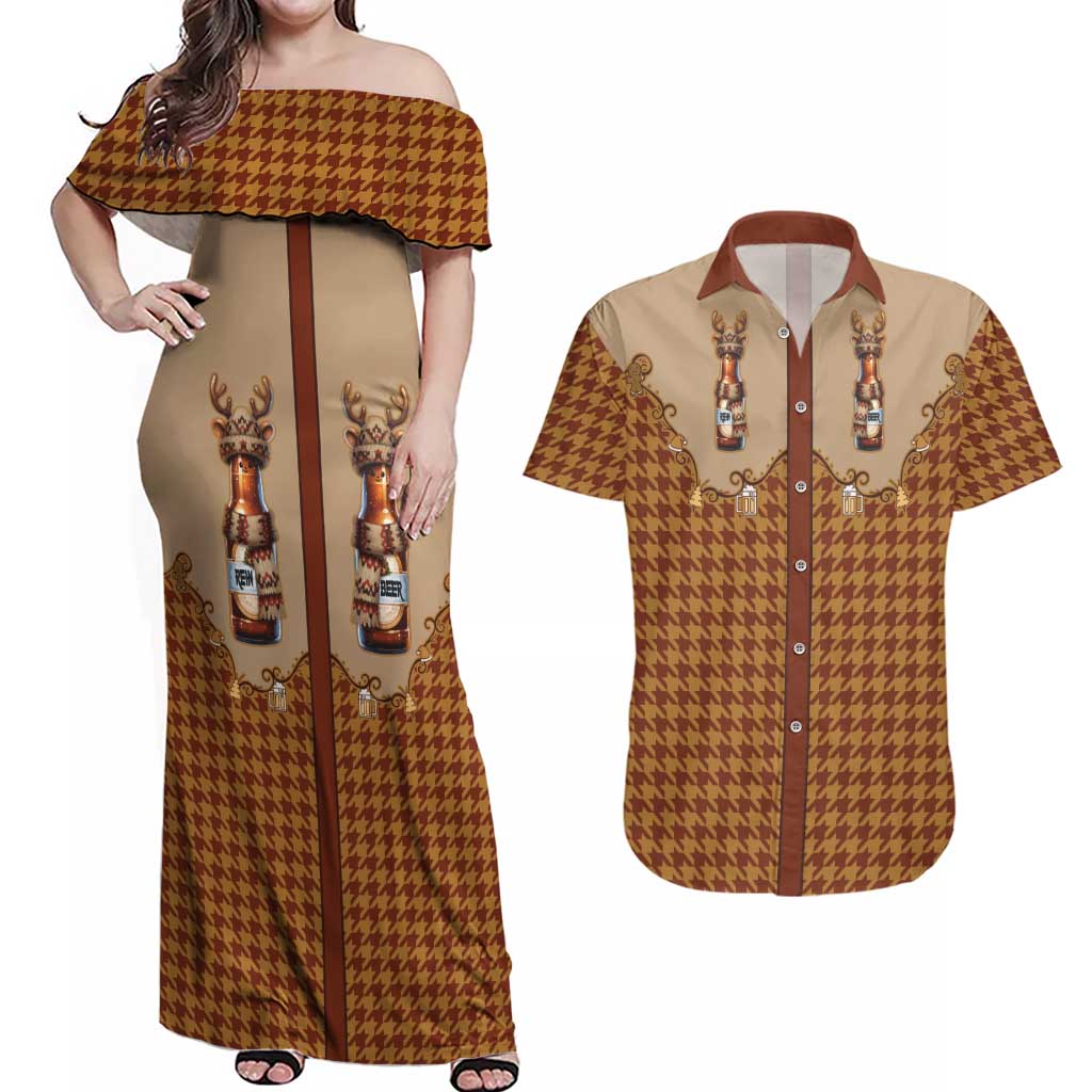 Western Yoke Couples Matching Off Shoulder Maxi Dress and Hawaiian Shirt Rein Beer Christmas Houndstooth Patterns - Wonder Print Shop