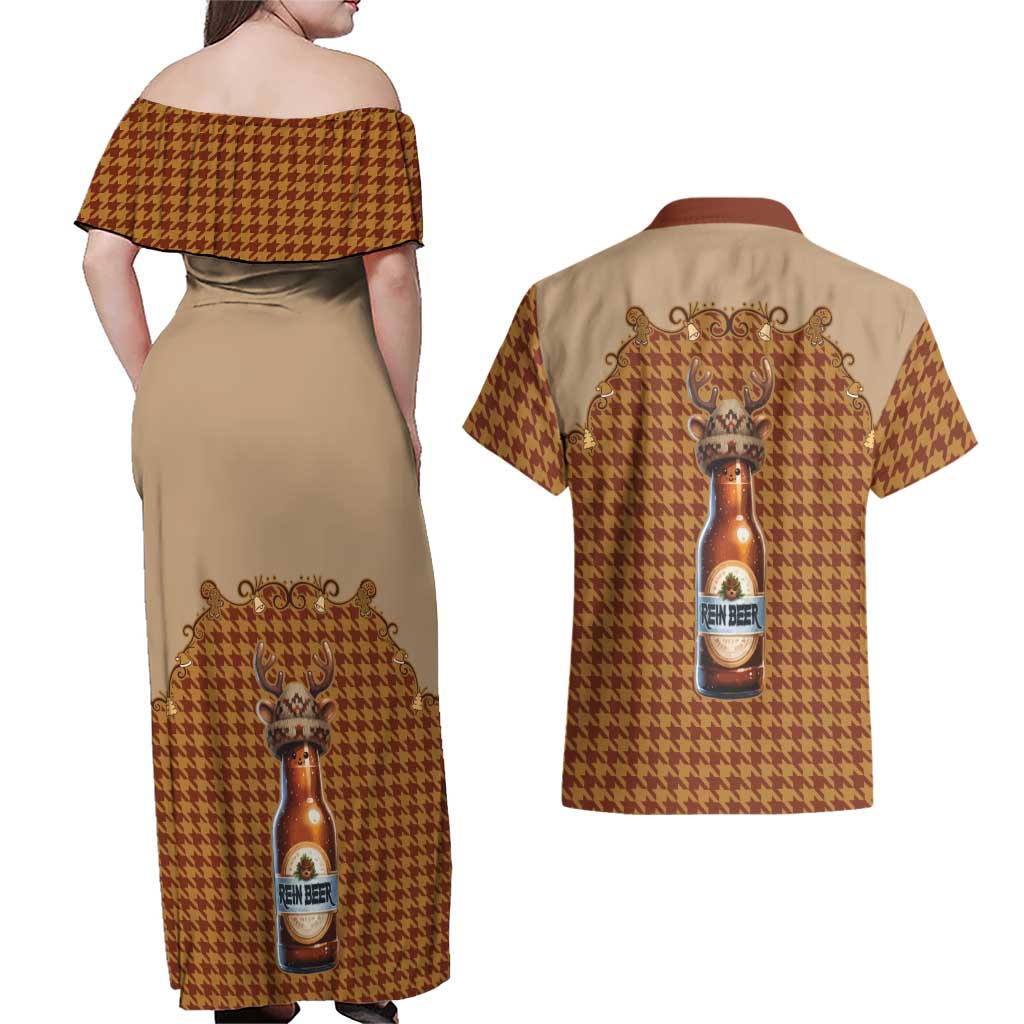 Western Yoke Couples Matching Off Shoulder Maxi Dress and Hawaiian Shirt Rein Beer Christmas Houndstooth Patterns - Wonder Print Shop