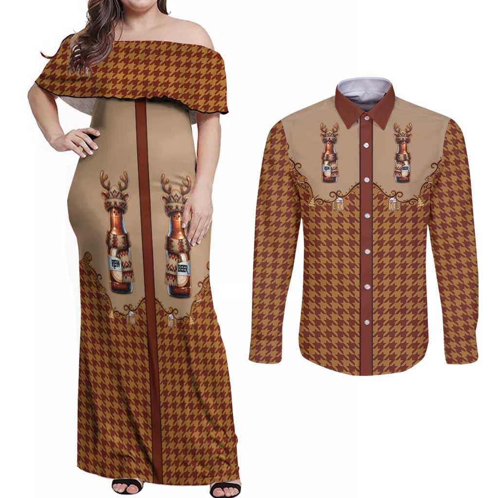 Western Yoke Couples Matching Off Shoulder Maxi Dress and Long Sleeve Button Shirt Rein Beer Christmas Houndstooth Patterns - Wonder Print Shop