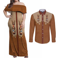 Western Yoke Couples Matching Off Shoulder Maxi Dress and Long Sleeve Button Shirt Rein Beer Christmas Houndstooth Patterns - Wonder Print Shop