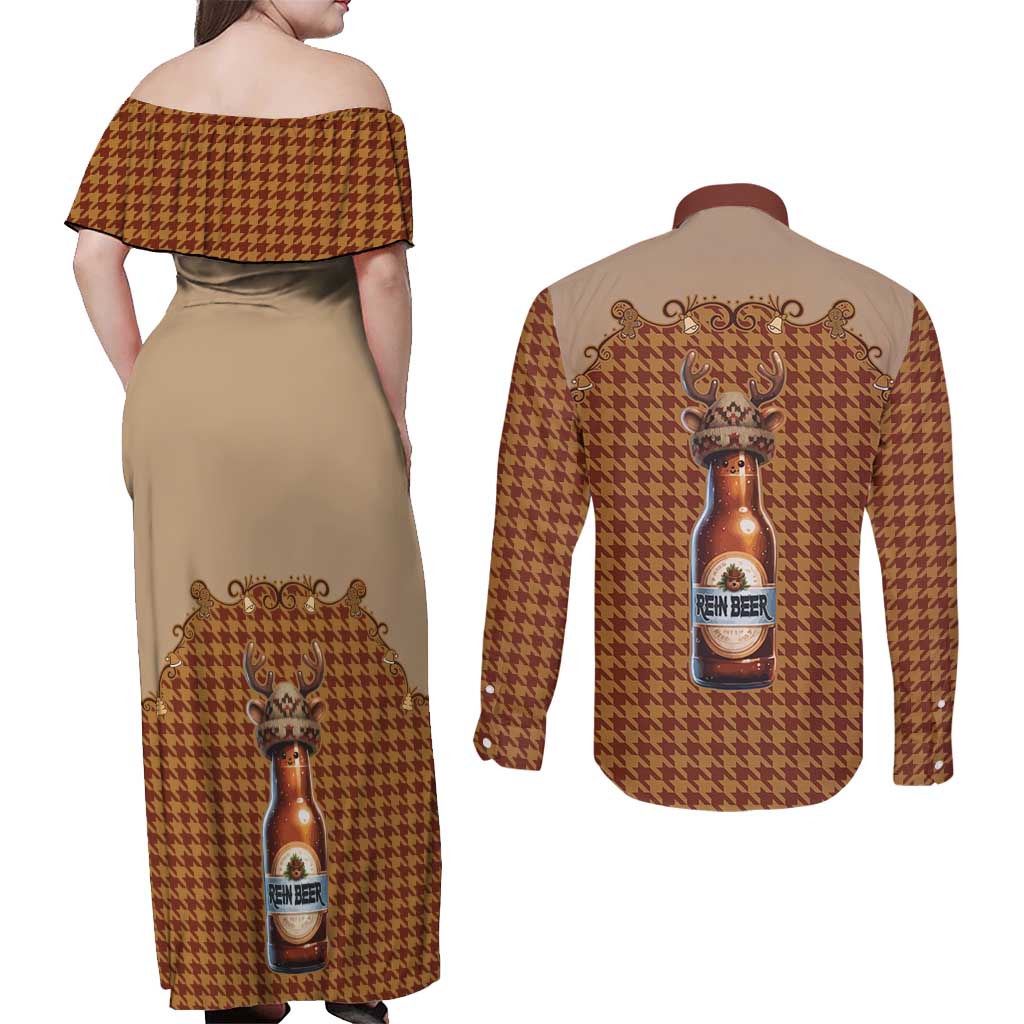 Western Yoke Couples Matching Off Shoulder Maxi Dress and Long Sleeve Button Shirt Rein Beer Christmas Houndstooth Patterns - Wonder Print Shop