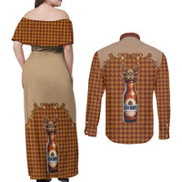 Western Yoke Couples Matching Off Shoulder Maxi Dress and Long Sleeve Button Shirt Rein Beer Christmas Houndstooth Patterns - Wonder Print Shop