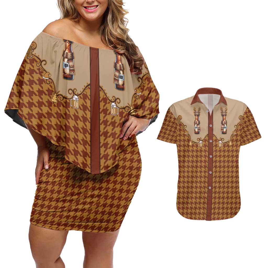 Western Yoke Couples Matching Off Shoulder Short Dress and Hawaiian Shirt Rein Beer Christmas Houndstooth Patterns - Wonder Print Shop