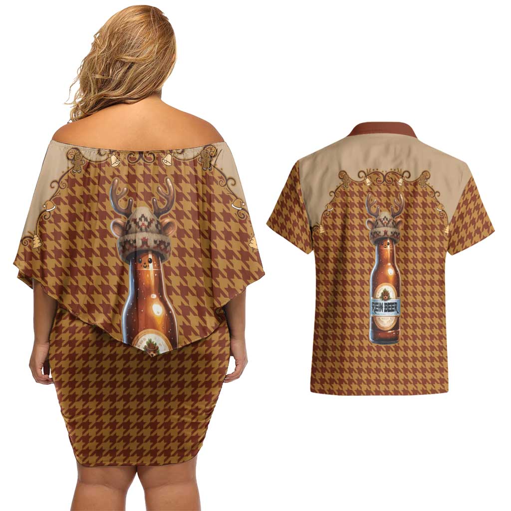 Western Yoke Couples Matching Off Shoulder Short Dress and Hawaiian Shirt Rein Beer Christmas Houndstooth Patterns - Wonder Print Shop