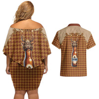 Western Yoke Couples Matching Off Shoulder Short Dress and Hawaiian Shirt Rein Beer Christmas Houndstooth Patterns - Wonder Print Shop