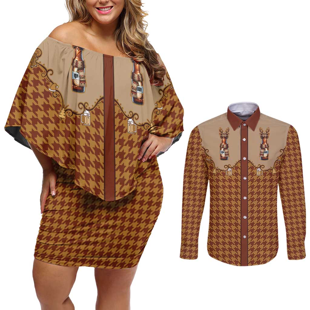 Western Yoke Couples Matching Off Shoulder Short Dress and Long Sleeve Button Shirt Rein Beer Christmas Houndstooth Patterns - Wonder Print Shop