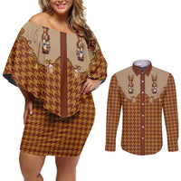 Western Yoke Couples Matching Off Shoulder Short Dress and Long Sleeve Button Shirt Rein Beer Christmas Houndstooth Patterns - Wonder Print Shop