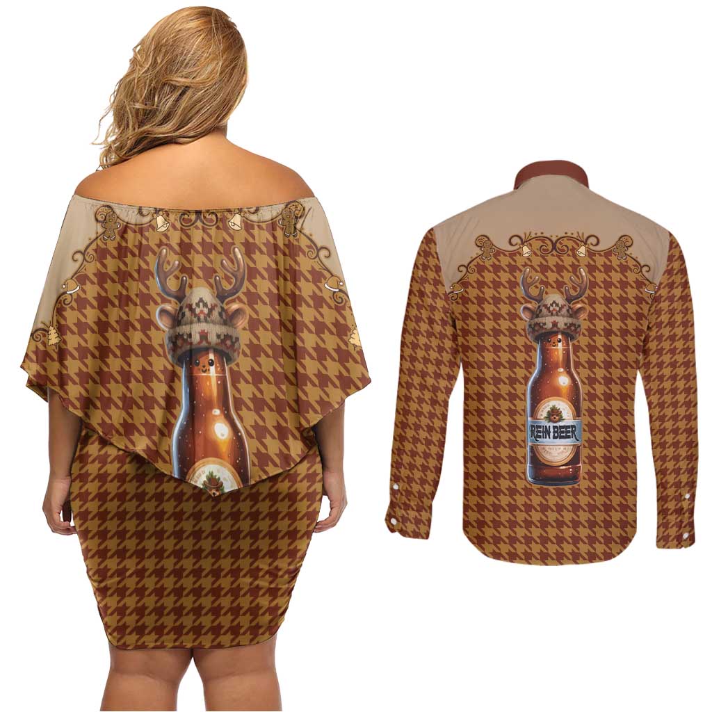 Western Yoke Couples Matching Off Shoulder Short Dress and Long Sleeve Button Shirt Rein Beer Christmas Houndstooth Patterns - Wonder Print Shop