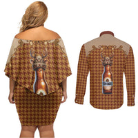 Western Yoke Couples Matching Off Shoulder Short Dress and Long Sleeve Button Shirt Rein Beer Christmas Houndstooth Patterns - Wonder Print Shop
