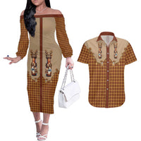 Western Yoke Couples Matching Off The Shoulder Long Sleeve Dress and Hawaiian Shirt Rein Beer Christmas Houndstooth Patterns - Wonder Print Shop