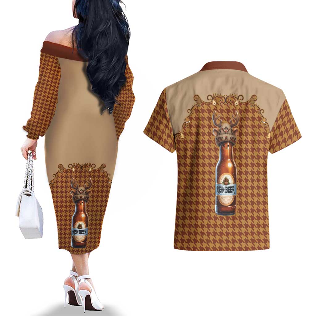 Western Yoke Couples Matching Off The Shoulder Long Sleeve Dress and Hawaiian Shirt Rein Beer Christmas Houndstooth Patterns - Wonder Print Shop