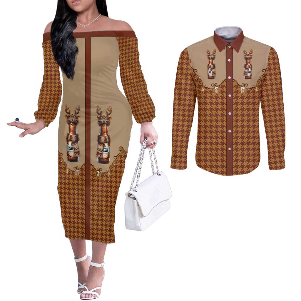 Western Yoke Couples Matching Off The Shoulder Long Sleeve Dress and Long Sleeve Button Shirt Rein Beer Christmas Houndstooth Patterns - Wonder Print Shop