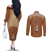 Western Yoke Couples Matching Off The Shoulder Long Sleeve Dress and Long Sleeve Button Shirt Rein Beer Christmas Houndstooth Patterns - Wonder Print Shop