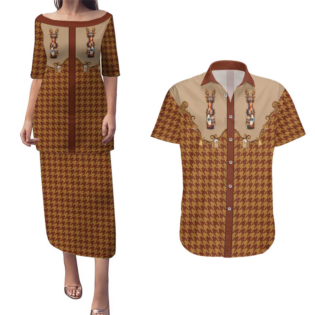 Western Yoke Couples Matching Puletasi and Hawaiian Shirt Rein Beer Christmas Houndstooth Patterns - Wonder Print Shop