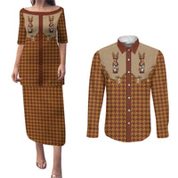 Western Yoke Couples Matching Puletasi and Long Sleeve Button Shirt Rein Beer Christmas Houndstooth Patterns - Wonder Print Shop
