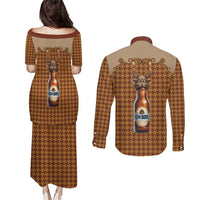 Western Yoke Couples Matching Puletasi and Long Sleeve Button Shirt Rein Beer Christmas Houndstooth Patterns - Wonder Print Shop