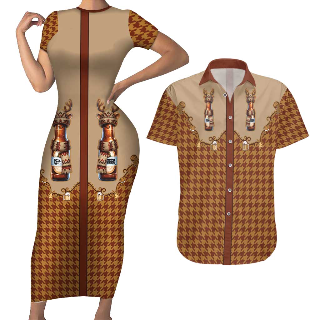 Western Yoke Couples Matching Short Sleeve Bodycon Dress and Hawaiian Shirt Rein Beer Christmas Houndstooth Patterns - Wonder Print Shop