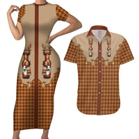 Western Yoke Couples Matching Short Sleeve Bodycon Dress and Hawaiian Shirt Rein Beer Christmas Houndstooth Patterns - Wonder Print Shop
