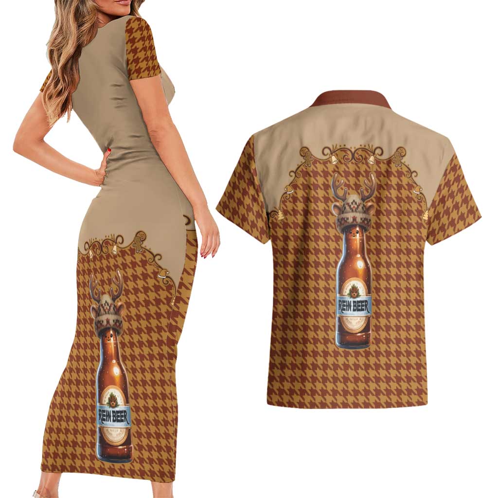 Western Yoke Couples Matching Short Sleeve Bodycon Dress and Hawaiian Shirt Rein Beer Christmas Houndstooth Patterns - Wonder Print Shop