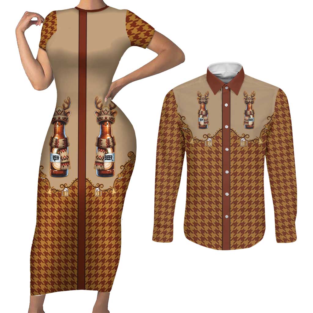 Western Yoke Couples Matching Short Sleeve Bodycon Dress and Long Sleeve Button Shirt Rein Beer Christmas Houndstooth Patterns - Wonder Print Shop