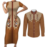 Western Yoke Couples Matching Short Sleeve Bodycon Dress and Long Sleeve Button Shirt Rein Beer Christmas Houndstooth Patterns - Wonder Print Shop