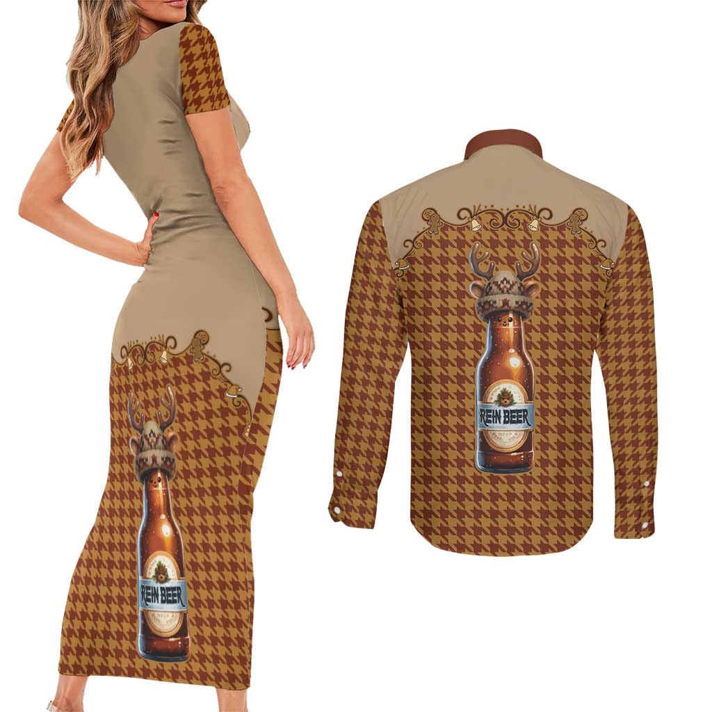 Western Yoke Couples Matching Short Sleeve Bodycon Dress and Long Sleeve Button Shirt Rein Beer Christmas Houndstooth Patterns - Wonder Print Shop
