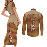 Western Yoke Couples Matching Short Sleeve Bodycon Dress and Long Sleeve Button Shirt Rein Beer Christmas Houndstooth Patterns - Wonder Print Shop