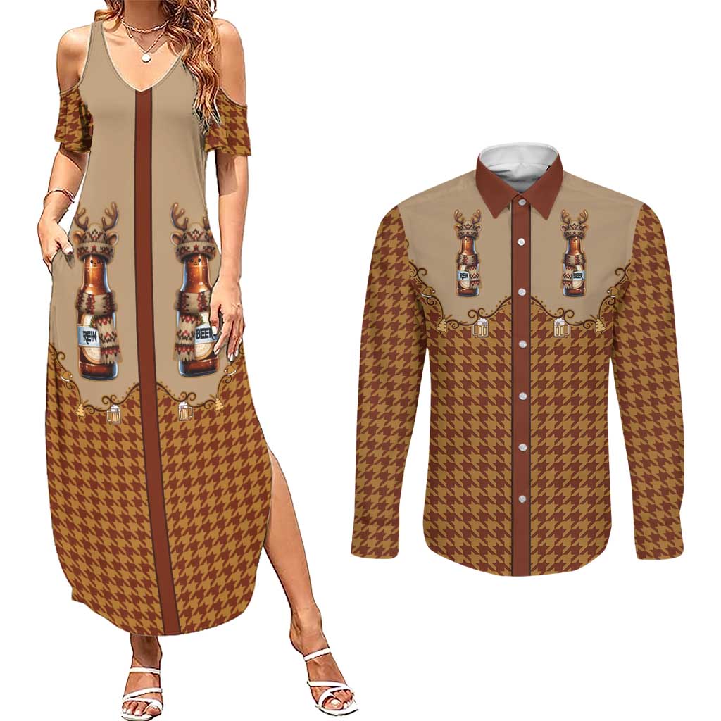 Western Yoke Couples Matching Summer Maxi Dress and Long Sleeve Button Shirt Rein Beer Christmas Houndstooth Patterns - Wonder Print Shop
