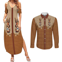 Western Yoke Couples Matching Summer Maxi Dress and Long Sleeve Button Shirt Rein Beer Christmas Houndstooth Patterns - Wonder Print Shop