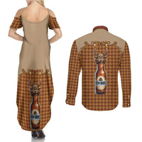 Western Yoke Couples Matching Summer Maxi Dress and Long Sleeve Button Shirt Rein Beer Christmas Houndstooth Patterns - Wonder Print Shop