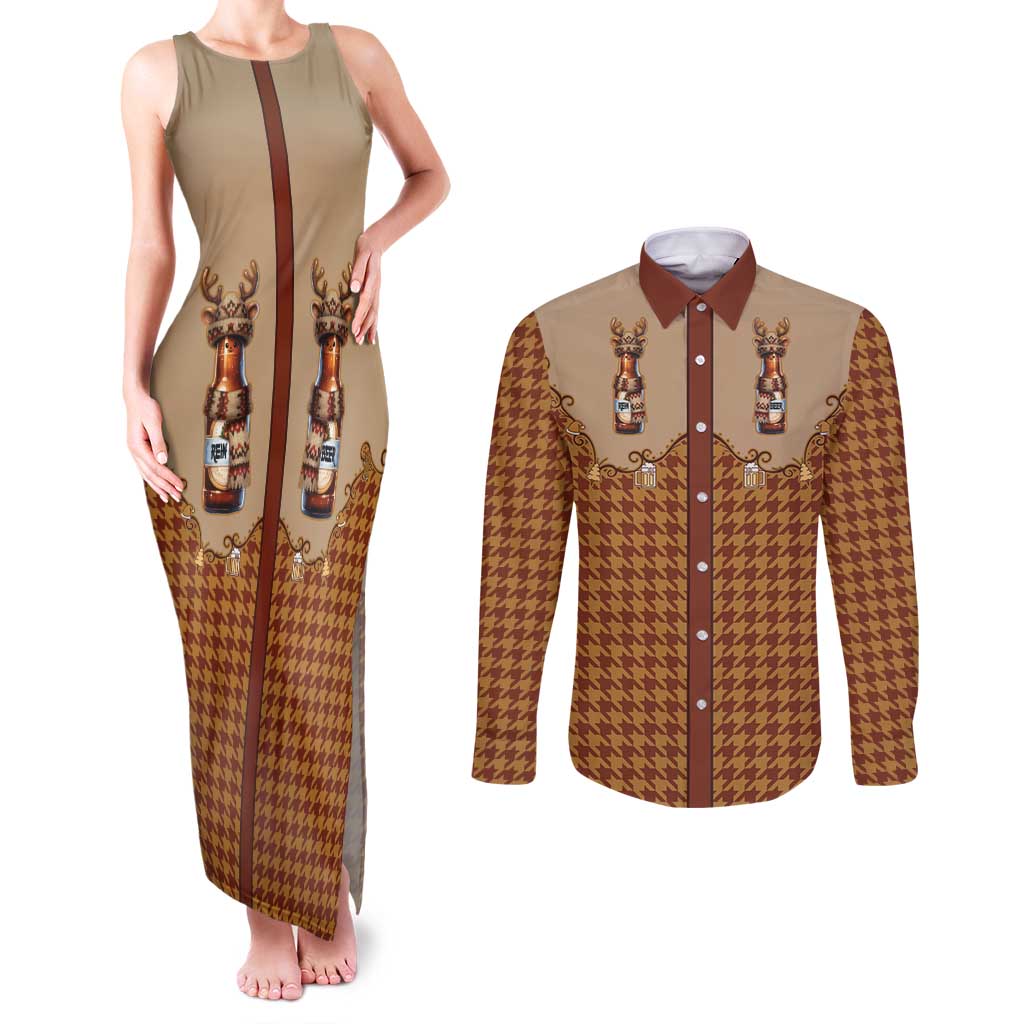 Western Yoke Couples Matching Tank Maxi Dress and Long Sleeve Button Shirt Rein Beer Christmas Houndstooth Patterns - Wonder Print Shop