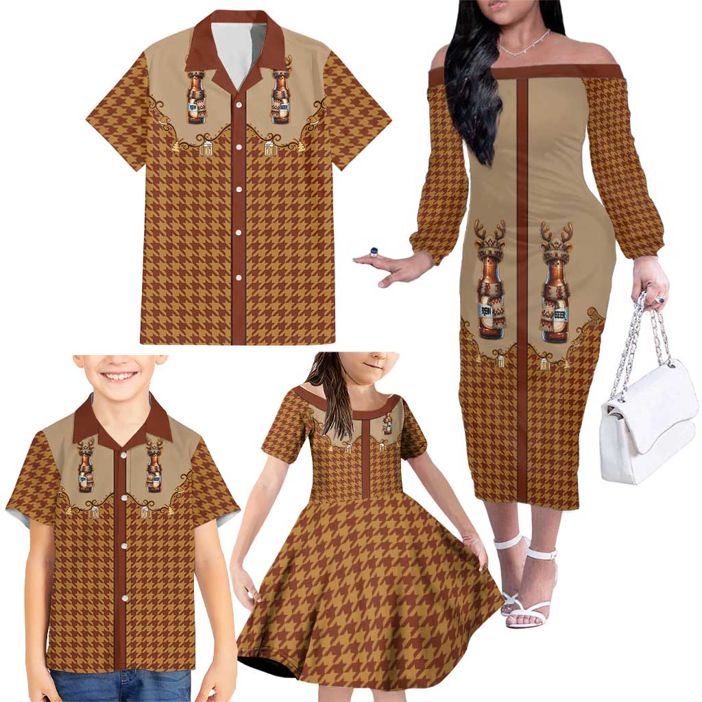 Western Yoke Family Matching Off The Shoulder Long Sleeve Dress and Hawaiian Shirt Rein Beer Christmas Houndstooth Patterns - Wonder Print Shop