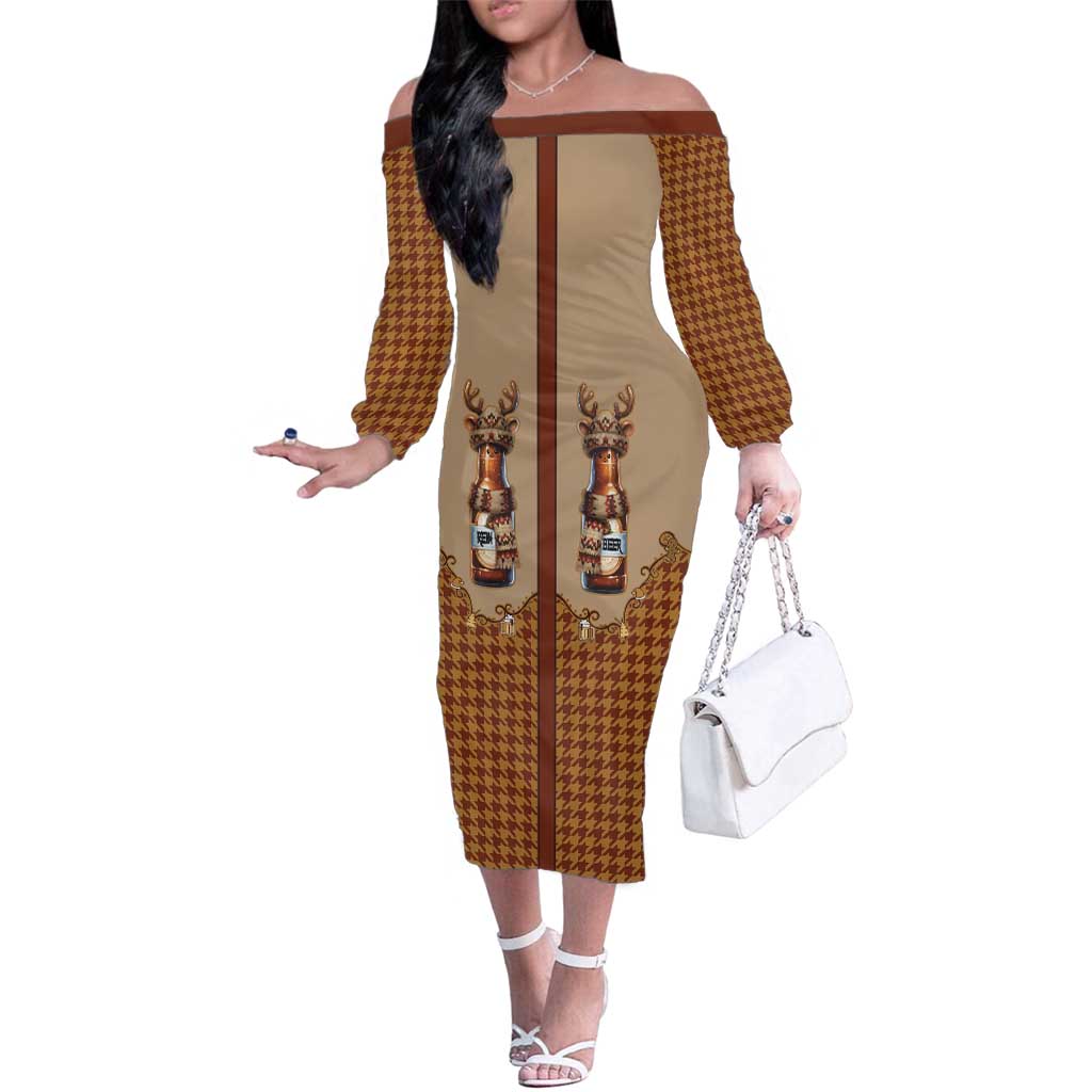 Western Yoke Family Matching Off The Shoulder Long Sleeve Dress and Hawaiian Shirt Rein Beer Christmas Houndstooth Patterns - Wonder Print Shop
