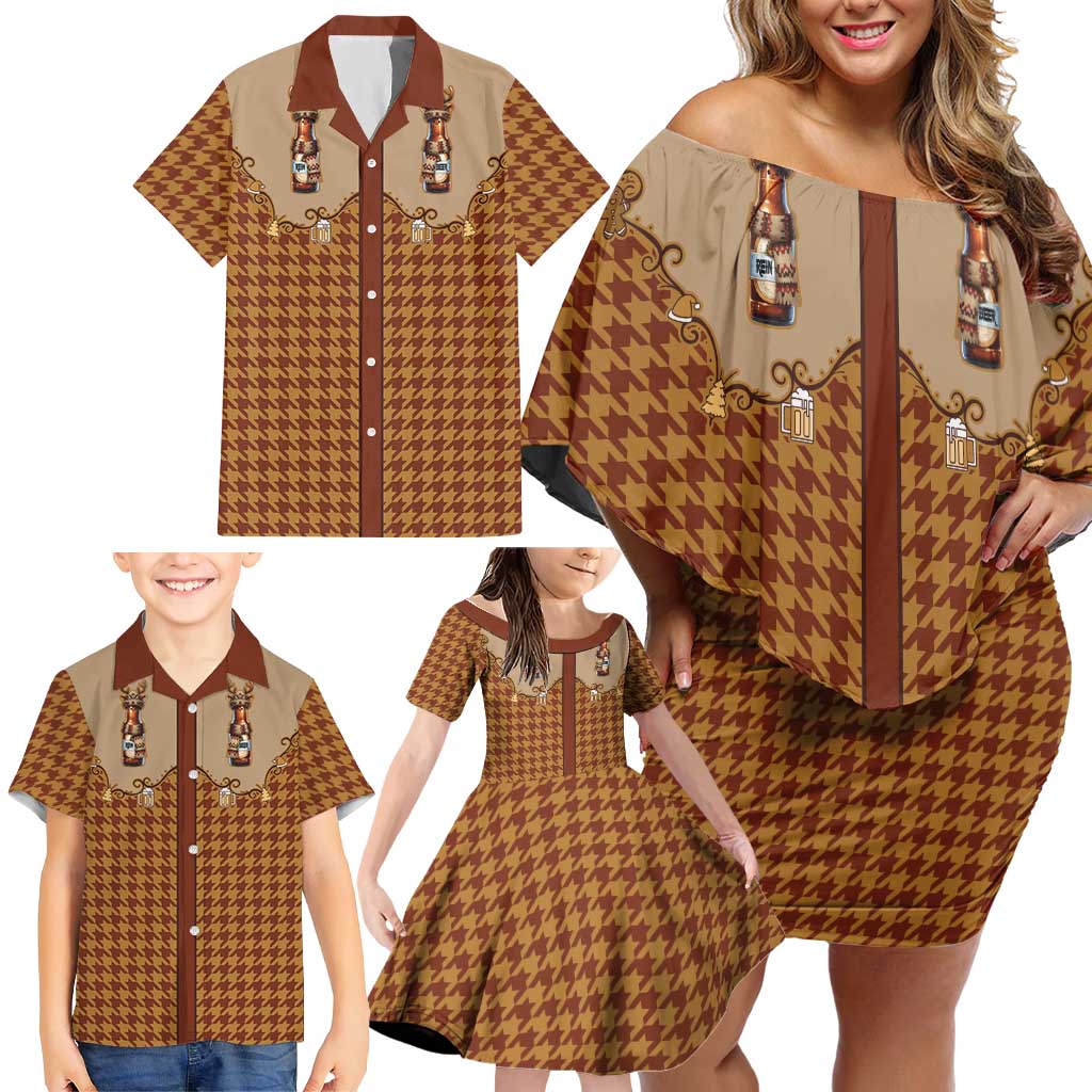 Western Yoke Family Matching Off Shoulder Short Dress and Hawaiian Shirt Rein Beer Christmas Houndstooth Patterns - Wonder Print Shop