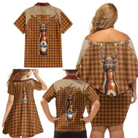 Western Yoke Family Matching Off Shoulder Short Dress and Hawaiian Shirt Rein Beer Christmas Houndstooth Patterns - Wonder Print Shop
