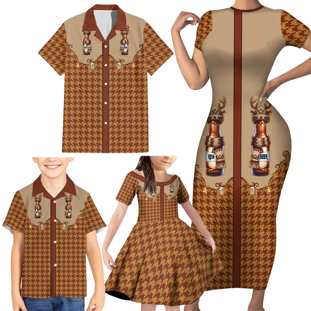 Western Yoke Family Matching Short Sleeve Bodycon Dress and Hawaiian Shirt Rein Beer Christmas Houndstooth Patterns - Wonder Print Shop