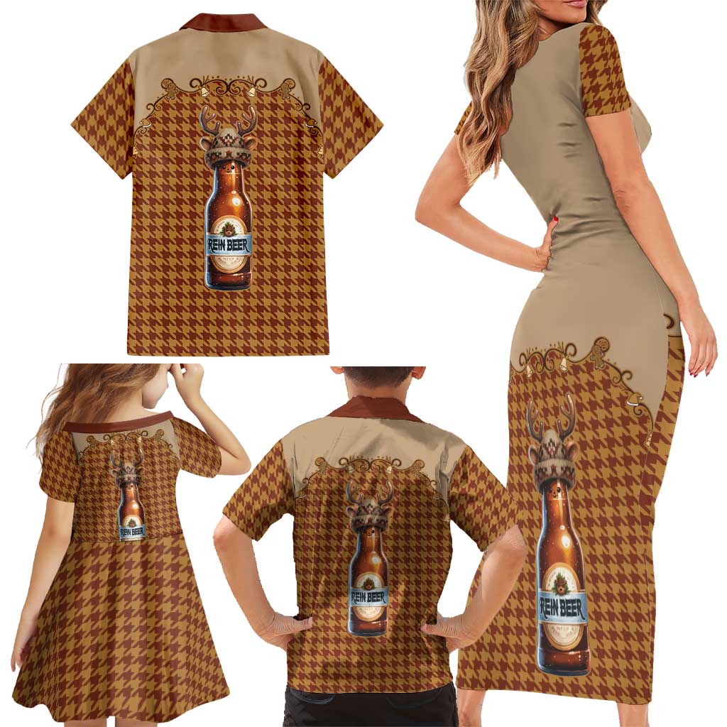 Western Yoke Family Matching Short Sleeve Bodycon Dress and Hawaiian Shirt Rein Beer Christmas Houndstooth Patterns - Wonder Print Shop